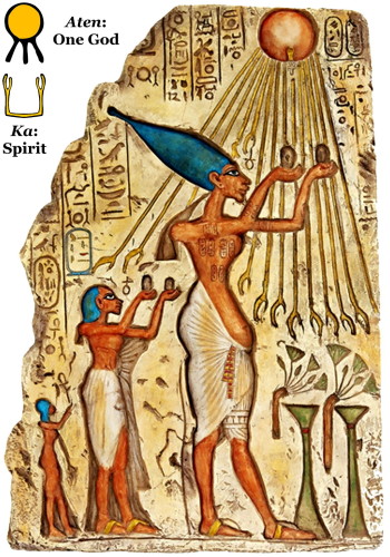 Akhenaten receiving the 'Aten' Holy Spirit through a sacramental offering (replica by Design Toscano)