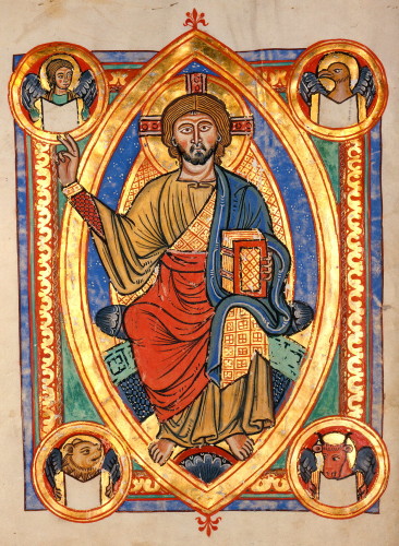 'Christ in Majesty' illumination in 'Evangelistar von Speyer' Manuscript (1220 AD), in Badische Landesbibliothek, Karlsruhe Germany